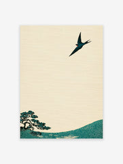 Japanese swallow and pine tree art print in traditional style with teal and cream colors on textured paper.