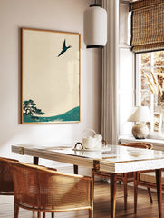 Japanese swallow and pine tree art print in traditional style with teal and cream colors on textured paper. - Image 2