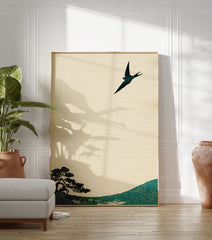 Japanese swallow and pine tree art print in traditional style with teal and cream colors on textured paper. - Image 3