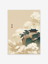 Japanese Wall Art print of a traditional temple on a cliff surrounded by swirling clouds and pine trees in a serene landscape.