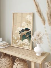 Japanese Wall Art print of a traditional temple on a cliff surrounded by swirling clouds and pine trees in a serene landscape. - Image 3