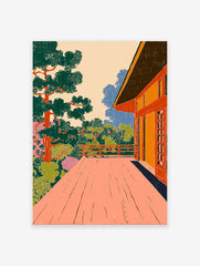 Japanese wall art print of a vibrant terrace overlooking a lush garden with trees and pink flowers, in a woodcut style.