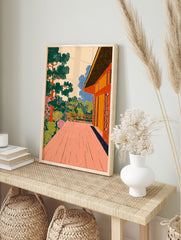Japanese wall art print of a vibrant terrace overlooking a lush garden with trees and pink flowers, in a woodcut style. - Image 3