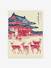 Japanese Wall Art print of Todai-ji Temple in red and blue, with several deer in the foreground on a cream background.