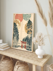 Japanese Wall Art print with a red torii gate, dark green pine trees, and multiple golden and patterned moons on a cream background. - Image 3
