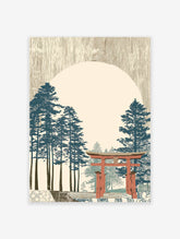 Japanese Wall Art print with a red Torii gate, tall blue pine trees, and a large light circle in a textured beige sky.