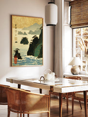 Japanese Wall Art depicting a serene coastal landscape with islands, green mountains, and blue water under a golden sky. - Image 2