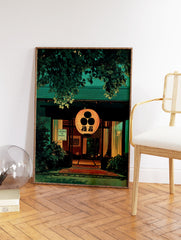 Traditional Japanese building entrance with a glowing orange lantern and lush green foliage, Japanese wall art. - Image 2