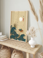 Japanese Wall Art print of two people in a boat on wavy water under a full moon, with reeds and flying birds. - Image 3