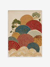 Japanese wall art print with layered traditional fan patterns in red, blue, gold, white, brown, and green pine trees.