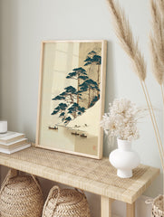 Japanese wall art print of a snowy landscape with pine trees, boats on water, and traditional Asian art style. - Image 3