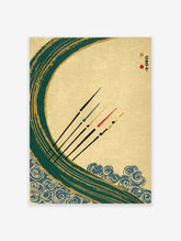 Japanese Wall Art print with a large teal and gold wave, blue swirling patterns, and five black paddles with colored tips.