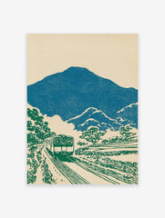 Japanese wall art print of a green train traveling through a blue mountain and green tree landscape with a cream background.
