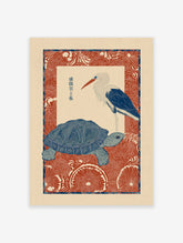 Japanese wall art print featuring a blue turtle and white stork illustration on a red patterned background.