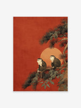 Japanese Wall Art featuring two white-faced monkeys sitting on a dark pine tree branch against a red sun and textured orange background.
