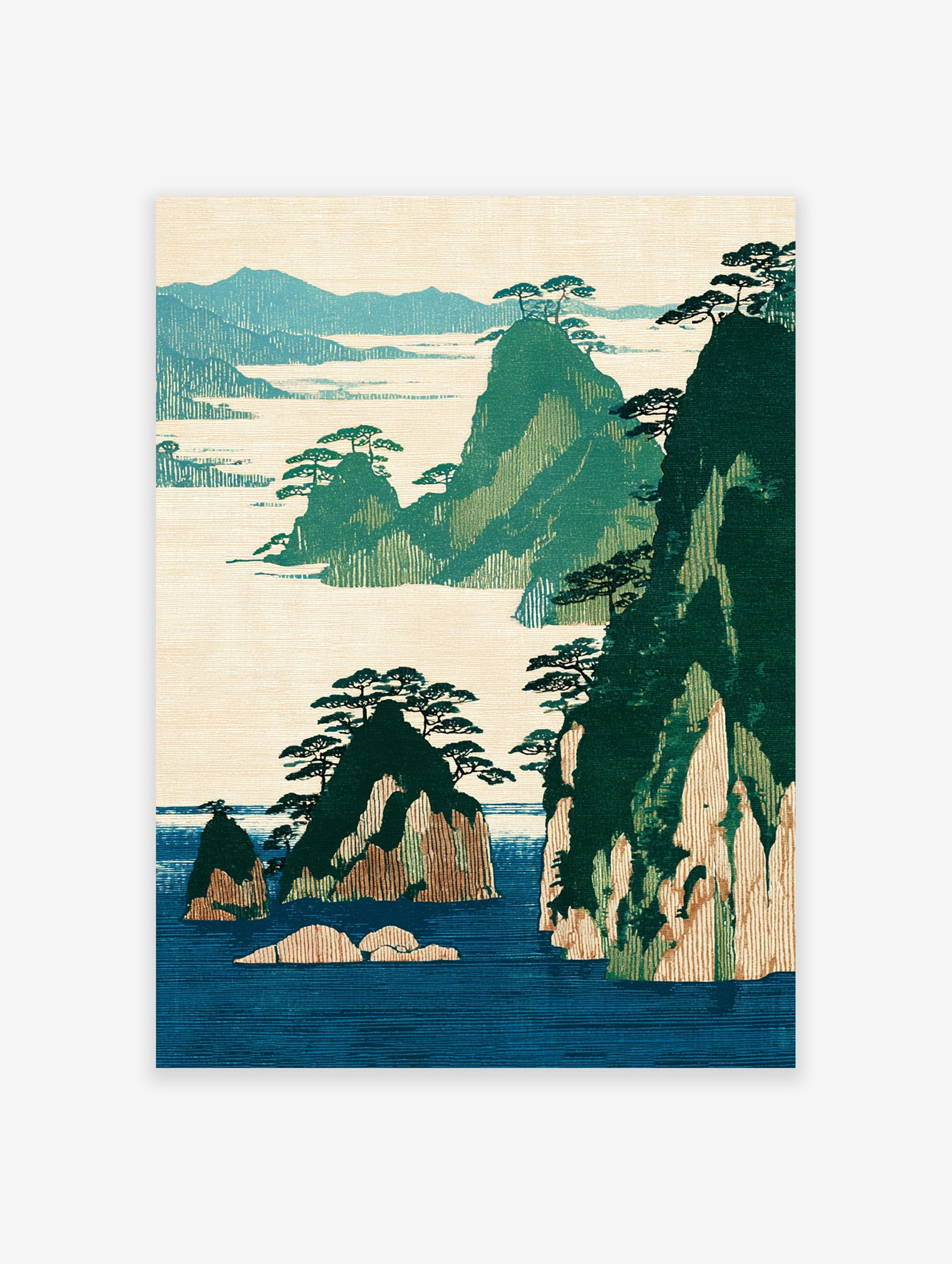 Traditional Japanese landscape art print featuring green islands, mountains, and pine trees in a blue sea and beige sky.