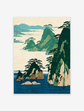 Traditional Japanese landscape art print featuring green islands, mountains, and pine trees in a blue sea and beige sky.