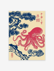 Ukiyo-e style Japanese octopus wall art print with a red octopus and blue pine branches on a light background.