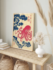 Ukiyo-e style Japanese octopus wall art print with a red octopus and blue pine branches on a light background. - Image 3