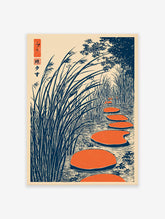 Japanese Ukiyo-e style wall art print showing orange stepping stones in water surrounded by tall blue reeds and trees.