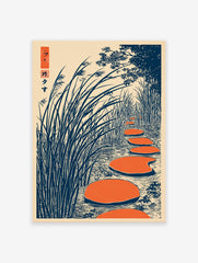 Japanese Ukiyo-e style wall art print showing orange stepping stones in water surrounded by tall blue reeds and trees.