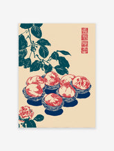 Japanese wall art illustration featuring red peaches in blue bowls, dark teal leaves, and a red rose on a beige background with a red seal.