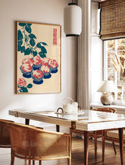 Japanese wall art illustration featuring red peaches in blue bowls, dark teal leaves, and a red rose on a beige background with a red seal. - Image 2