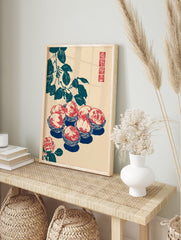 Japanese wall art illustration featuring red peaches in blue bowls, dark teal leaves, and a red rose on a beige background with a red seal. - Image 3