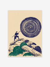 Japanese Wall Art print of a figure pushing a large abstract blue circle, standing on logs, in ukiyo-e style.