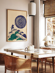 Japanese Wall Art print of a figure pushing a large abstract blue circle, standing on logs, in ukiyo-e style. - Image 2