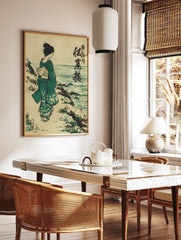 Traditional Japanese Ukiyo-e wall art print of a woman in a green kimono looking at the ocean from a rocky shore. - Image 2