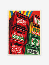Colorful Japanese wall art print of stacked red and green crates with characters against a yellow and blue background.