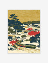 Japanese landscape wall art with a vintage green and red train moving through a village with trees and hills in Ukiyo-e style.
