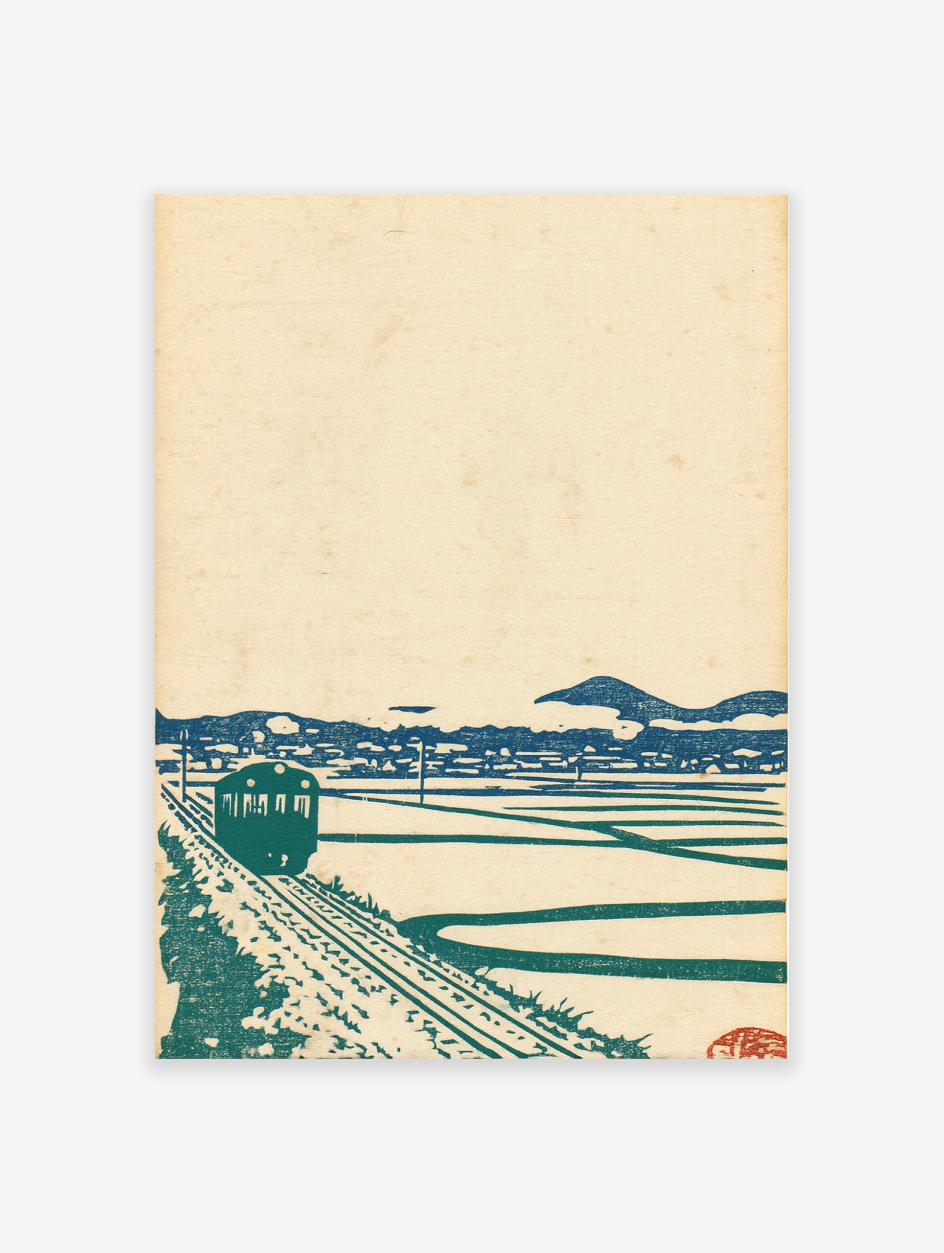 Japanese Wall Art print of a green train on tracks, blue mountains, and rice fields, in a vintage woodblock style.