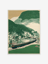 Japanese woodblock print of a green train traveling through a lush mountain landscape with trees and traditional houses.