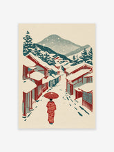 Japanese Wall Art print of a person in a red kimono with an umbrella walking down a snowy street with traditional houses and mountains.