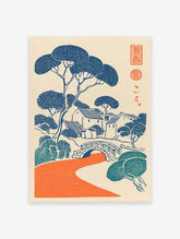 Japanese woodblock style wall art print featuring a blue and teal village landscape with an orange river and bridge.