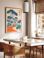 Japanese woodblock style wall art print featuring a blue and teal village landscape with an orange river and bridge. - Image 2