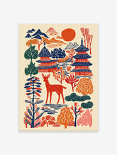 Japanese wall art print with woodcut-style pagodas, mountains, a red deer, trees, and a red sun on a cream background.
