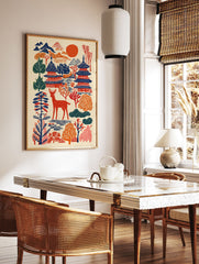 Japanese wall art print with woodcut-style pagodas, mountains, a red deer, trees, and a red sun on a cream background. - Image 2