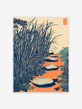 Japanese wall art print of a zen garden with stepping stones, tall blue-green grass, and orange water.