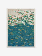 Japanese woodblock style poster of green reeds with orange tips swaying above blue water with orange elements.