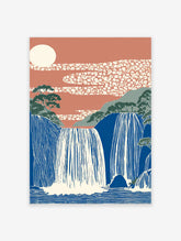 Japanese Waterfall Wall Art featuring blue cascading falls, green mountains, terracotta sky with patterned clouds and a cream sun.