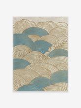 Stylized Japanese wave art print in blue and gold, featuring a textured Seigaiha pattern