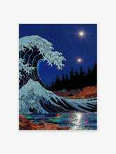 Sparkling Japanese Wave Art with a glittery ocean, two bright stars in a dark blue night sky, and colorful reflections on the water.