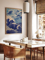 Illustrative Japanese wave art print featuring dramatic blue ocean waves and white foam in Ukiyo-e style. - Image 2