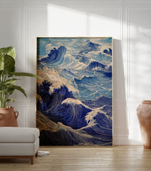 Illustrative Japanese wave art print featuring dramatic blue ocean waves and white foam in Ukiyo-e style. - Image 3