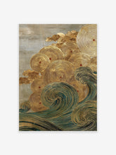 Abstract Japanese wave art print with gold concentric circles, teal swirls, and a textured grey background.
