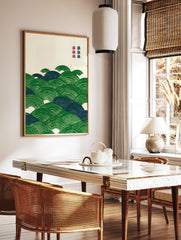 Traditional Japanese wave art print in green and dark blue, featuring a Seigaiha pattern on a light background. - Image 3