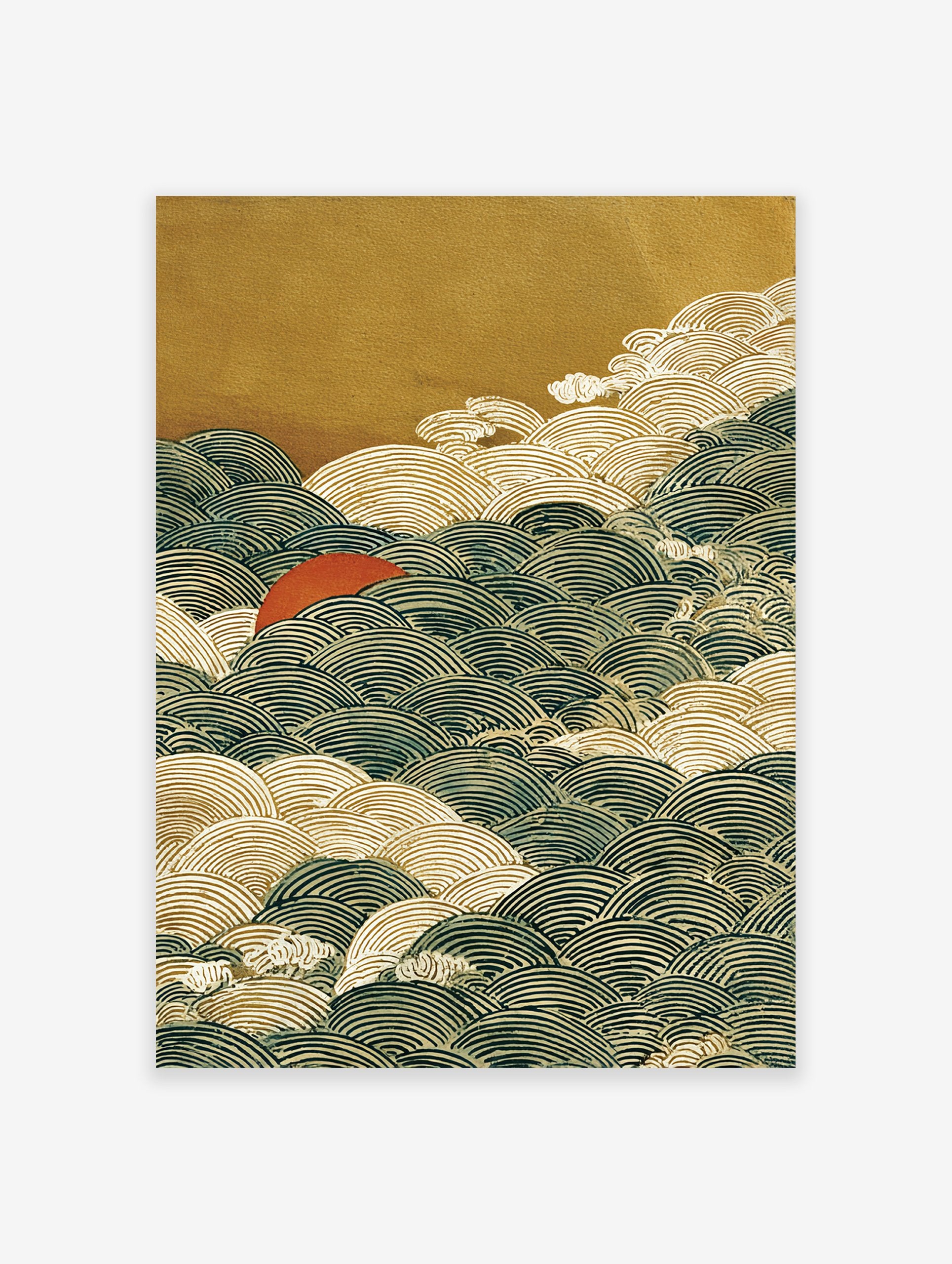 Traditional Japanese wave art print with a red sun rising over dark blue and gold waves against a textured golden sky.